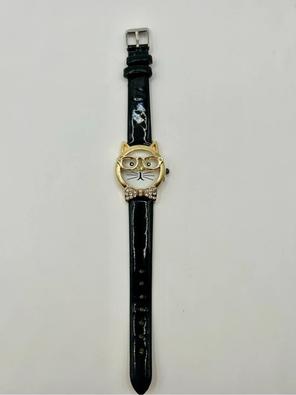 Cat Face Watch with Gold Accents and Black Strap